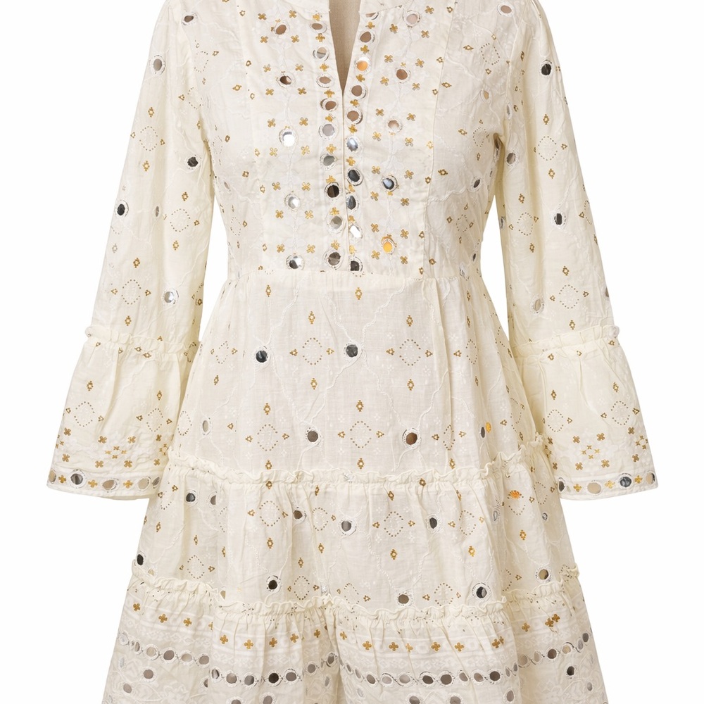 Chic Cream Long Sleeve Dress with Gold Accents